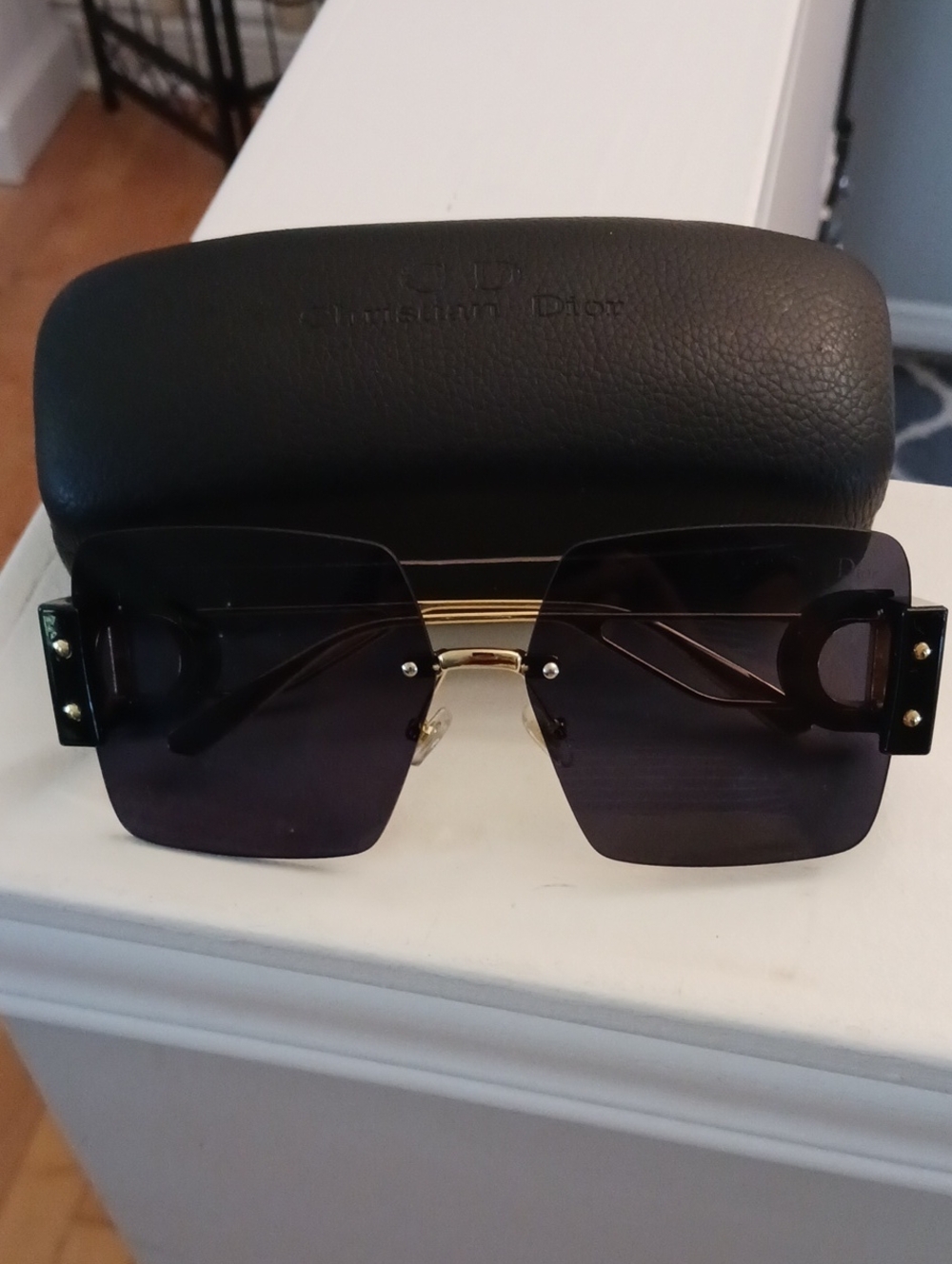 Dior Black and Gold Rimless Square Sunglasses